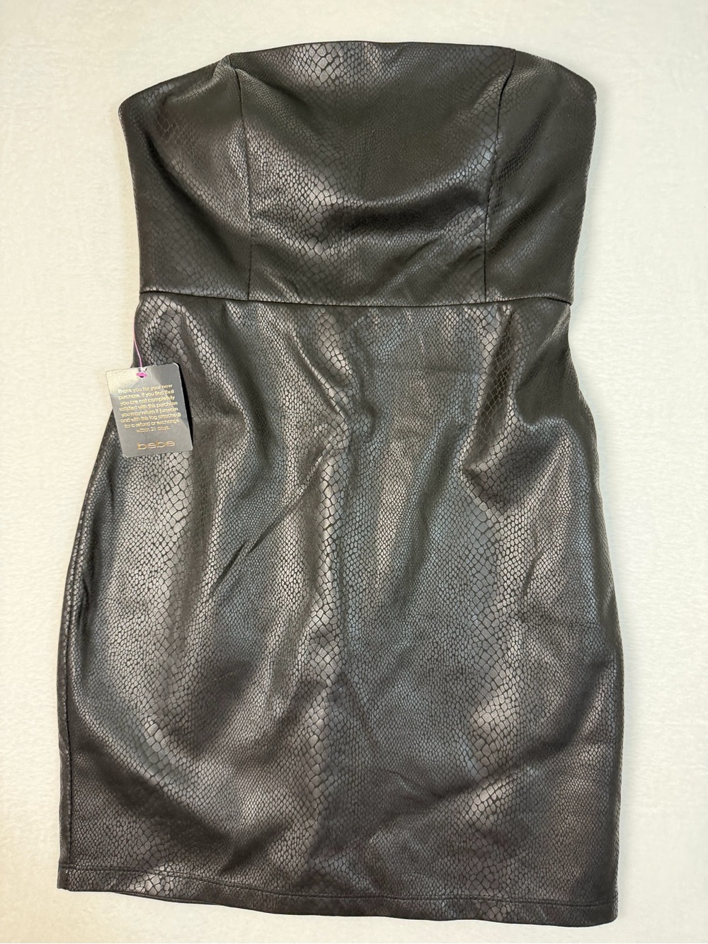NWT Bebe Strapless Faux Snakeskin Bodycon Dress Built-In Bra Medium - Picture 2 of 9